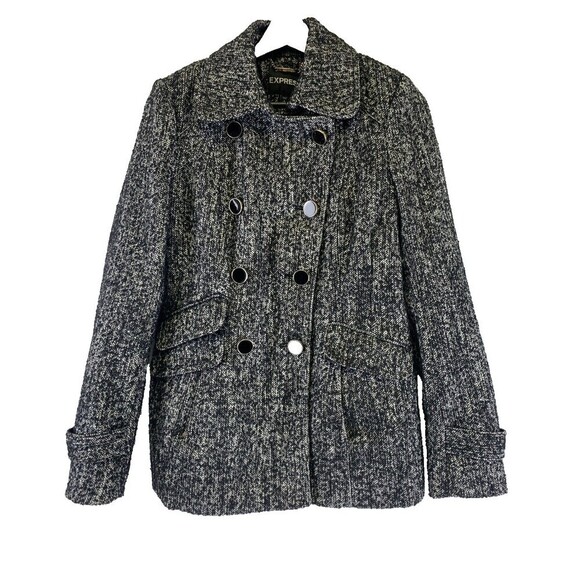 Express Wool Blend Pea Coat Black White Button Jacket Collared Short Women Small - Picture 1 of 11